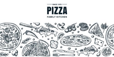 İtalyan pizzası ve malzemeler kusursuz yatay arka plan. Vektör el çizimi çizimi çizimi. Pizzacı menüsü, afiş, poster, etiket paketi tasarım ögeleri