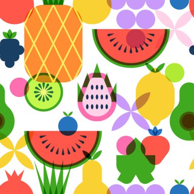 Tropik meyveler, böğürtlenler pürüzsüz desen. Ananas, üzüm, limon ve karpuzun vektör düz geometrik çizimi. Çiftlik meyveleri etiketi paket geçmişi. Paket kağıdı, tekstil baskı tasarımı