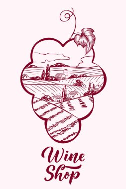 Toskana manzaralı üzümler ve üzüm bağları. Elle çizilmiş vektör çizimi. Şarap etiketi, şaraphane tasarım elementleri