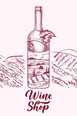 Toskana manzaralı şarap şişesi, üzüm yaprağı ve üzüm bağı tarlaları. Elle çizilmiş vektör çizimi. Şarap etiketi, şaraphane tasarım elementleri