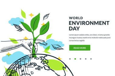 İnsan eli ağaç dikiyor. Yeşil yapraklar, bitkiler ve bulutlarla çevrili Dünya gezegeninin el çizimi tasviri. Çevre Günü, yeşillendirme, ekoloji konsepti. Sancak poster tasarım şablonu