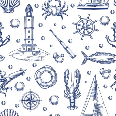 Deniz feneri, gemi, çapa ve deniz hayvanlarıyla donanımlı klasik model. Vektör el çizimi çizimi çizimi. Deniz yolculuğu geçmişi. Moda tekstil baskısı, kumaş, ambalaj kağıdı tasarımı