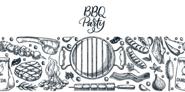 Piknik için barbekü partisi menüsü. Kusursuz yatay fon. Izgara yiyecek ve abur cuburların el yapımı çizimi. Pankart, poster ve etiket tasarım ögeleri