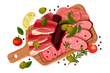 Tahta üzerinde taze et ürünleri. Salam, dilimlenmiş jambon, domuz pastırması, beyaz arka planda izole edilmiş jambon. Gurme yılan tasarım elementleri