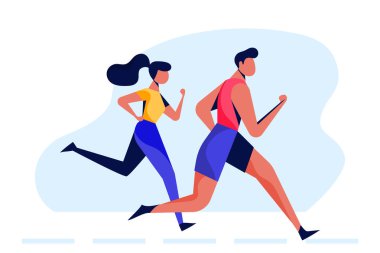 Spor giyim sektöründe koşan genç bir çift. Koşan insanlar, vektör düz çizgi film çizimi yapan kadın ve erkek. Şehir maratonu, açık hava sporu ve sağlıklı yaşam tarzı konsepti.