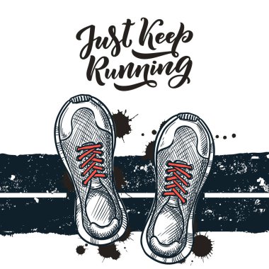 Yolda kırmızı ayakkabı bağcıkları olan spor ayakkabıları, üst görünüm vektör çizimi. Spor ayakkabı ikonları ve el yazısı harfleri. Maraton afişi, poster, moda baskısı için el yapımı tasarım ögesi