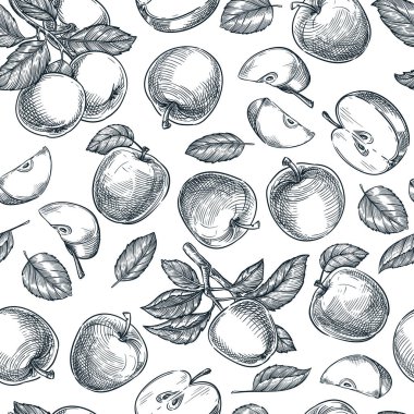 Çiftlik taze elmalar dikişsiz desen. Vektör el çizimi meyve hasadının çizimi. Etiket paketi arkaplanı. Paket kağıdı, tekstil baskı tasarımı