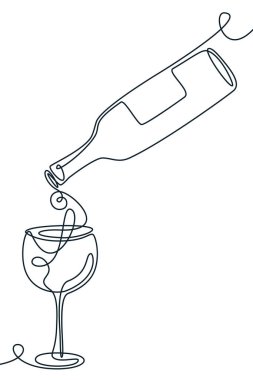 Şarabın kadehten cama döküldüğünü gösteren çizgiler çizdim. Soyut monolin amblemi. Şarap listesi, menü, etiket veya ambalaj tasarımı kavramı