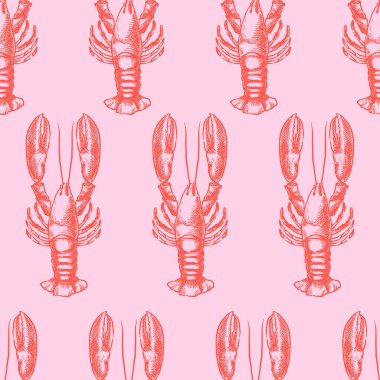 Kırmızı ıstakoz pürüzsüz desen. Vektör el çizimi çizimi çizimi. Deniz ürünleri pembe arka plan. Ambalaj kağıdı, moda tekstil baskısı tasarımı