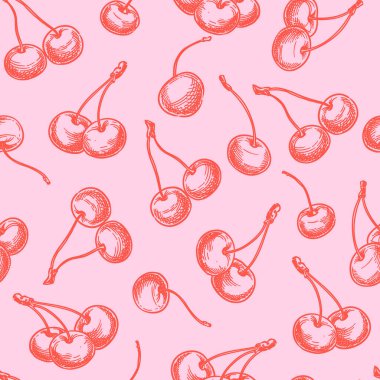 Modaya uygun pembe ve kırmızı renklerde kirazsız desen. Vektör el çizimi böğürtlen çizimi. Etiket paketi arkaplanı. Ambalaj kağıdı, moda tekstil baskısı tasarımı