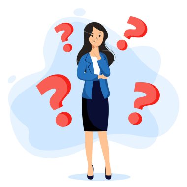 Kırmızı soru işaretleriyle çevrili düşünceli bir kadın. Vektör düz çizgi film kadın karakter çiziminin beyaz arka planda izole olduğunu düşünüyor. İş fikri, seçim sorunu, sorgulama konsepti