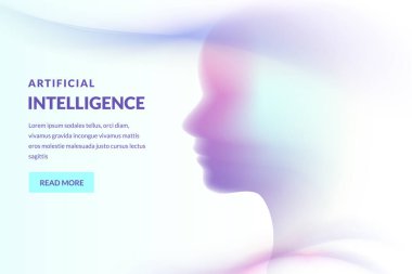 Bulanık hareketli, neon renkli insan yüzü. Kişilerin kafalarının gelecekteki temsilcisi. Yapay zeka, psikoloji ve akıl, bilim, sanal teknoloji kavramı