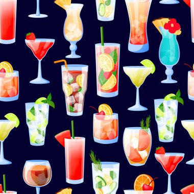 Summer tropical bar cocktails seamless pattern. Vector illustration of multicolor alcohol drinks on black background. Fabric design, wrapping paper, fashion textile print