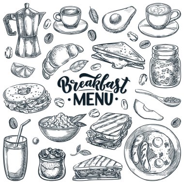 Kahvaltı kafesi ya da restoran menüsü. Beyaz arka planda izole edilmiş sabah yemeği çizimi. Gıda tasarım elemanları koleksiyonu