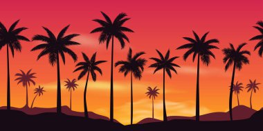 Avuç içi silueti parlak kırmızı günbatımı gökyüzü olan yatay, pürüzsüz tropikal arkaplan. Vektör çizimi. Yaz seyahati, plaj kulübü afişi tasarım elementleri