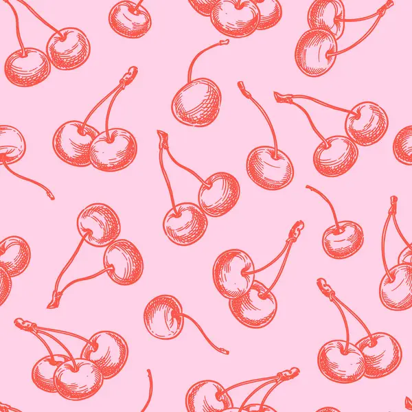Modaya uygun pembe ve kırmızı renklerde kirazsız desen. Vektör el çizimi böğürtlen çizimi. Etiket paketi arkaplanı. Ambalaj kağıdı, moda tekstil baskısı tasarımı
