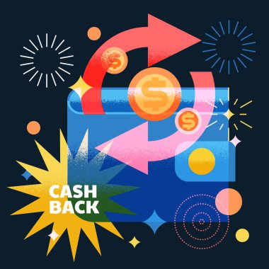 Oklar ve bozuk paralarla cüzdanı aç. Nakit para, online servis konsepti. Vektör geometrik renkli düz çizim. Geri nakit, geri ödeme veya transfer ödeme afiş tasarım unsurları