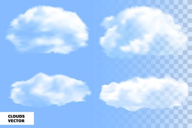 Gerçekçi tüylü kümülüs bulutu vektörü ayarlandı. Şeffaf arkaplanda izole edilmiş. Hava, doğa tasarım elementleri. Yaz gökyüzü arkaplanı