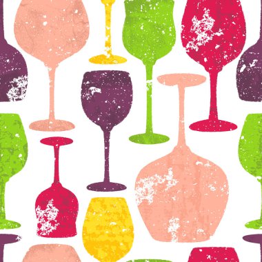 Boyalı grunge desenli, dikişsiz şarap renkli bardaklar. Vektör el çizimi suluboya çizimi. Alkol içki listesi, bar menüsü tasarımı. Kumaş tasarımı, ambalaj kağıdı, arkaplan, tekstil baskısı