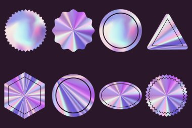 Parlak holografik boş etiketler ya da farklı şekillerde çıkartmalar. Vektör geometrik metal arka planlar. Soyut parlak simgeler, tasarım ögeleri ayarlandı