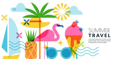 Yaz tatili seyahati, güneş gözlüğü, dondurma, yat, ananas, palmiye, flamingo ile tatil geometrik geçmişi. Vektör düz çizim. Plaj partisi afişi, poster, davetiye tasarımı unsurları