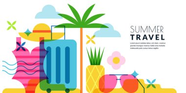 Yaz tatili afişi, poster, el ilanı tasarım unsurları. Çanta, avuç içi, mayo, ananas, kumsalda pembe güneş gözlüğü. Beyaz arkaplanda izole edilmiş vektör düz geometrik çizim