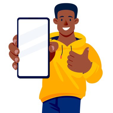 Genç esmer tenli adam baş parmağını kaldırıp mobil uygulama gösteriyor. Beyaz arkaplanda izole edilmiş vektör düz çizgi film karakteri çizimi. Akıllı telefon boş ekran ile model tasarım ögesi