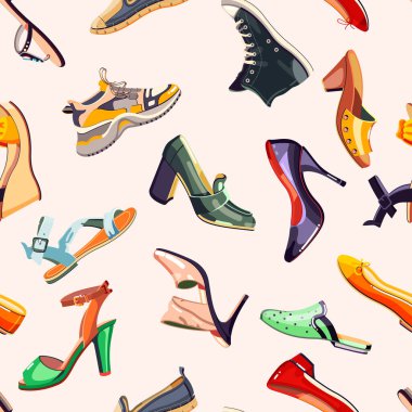Moda kadın ayakkabıları kusursuz. Pembe arka planda kadın ayakkabısının düz çizgi film çizimi. Kumaş, ambalaj kağıdı, tekstil baskısı, paket tasarım ögeleri