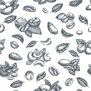 Karışık fındıklı, kusursuz bir şablon. El çizimi çizimi çizimi. Gıda vejetaryeni organik ürünler. Kumaş tasarımı, ambalaj kağıdı, tekstil baskısı