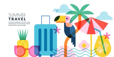 Yaz tatili afişi, poster, el ilanı tasarım unsurları. Çanta, avuç içi, tukan, ananas, kokteyl ve plaj şemsiyesi. Beyaz arkaplanda izole edilmiş vektör düz geometrik çizim