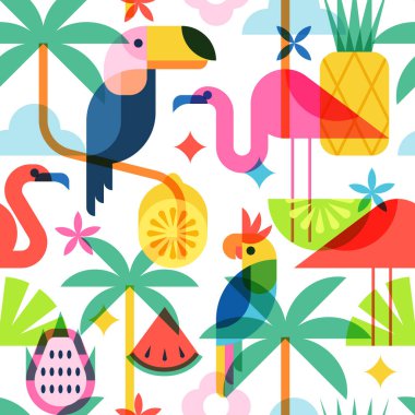 Tropikal, kusursuz yaz döngüsü. Flamingo, palmiye, tukan, ananas ve karpuzlu düz vektör tasarımı. Plaj tatili resimleri, moda tekstili, ambalaj kağıdı ya da moda tatil sanatı için mükemmel.