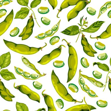 Soya fasulyesi pürüzsüz desen. Soya besinlerinin vektör düz çizgi film çizimi, yeşil bitki ve tohumların kapsülü. Gıda vejetaryeni organik ürünler. Kumaş tasarımı, ambalaj kağıdı, tekstil baskısı