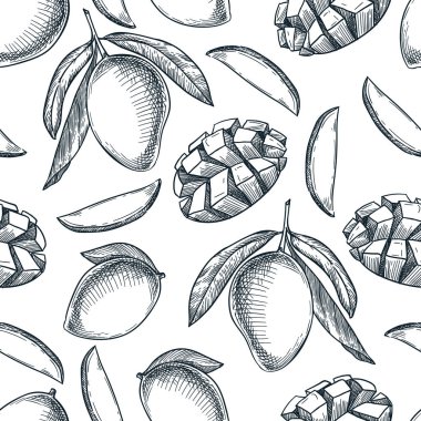 Mango pürüzsüz desen. Elle çizilmiş taslak vektör çizimi. Gıda vejetaryeni organik ürünler. Kumaş tasarımı, ambalaj kağıdı, tekstil baskısı