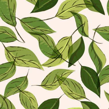 Vektör suluboya yeşil yapraklar pürüzsüz desen. El yapımı klasik bitki çizimi. Doğal bitkisel altyapı. Kumaş, ambalaj kağıdı, tekstil baskı tasarımı