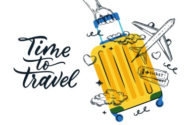 Seyahat ve yaz tatili konsepti. El çantası, bilet, uçak ve el yazısı harflerinin vektör çizimi. Sancak veya poster kolaj tasarımı elementleri