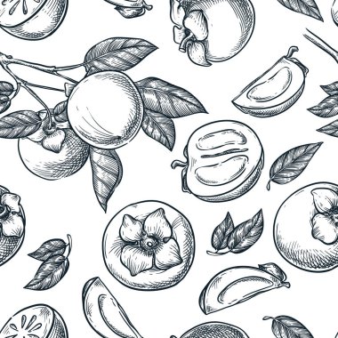 Hurma deseni pürüzsüz. Elle çizilmiş taslak vektör çizimi. Gıda ürünleri, tropikal meyve arka planı. Kumaş tasarımı, ambalaj kağıdı, tekstil baskısı