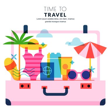 Yaz tatili konsepti. Mayo, güneş gözlüğü, güneş kremi, pasaport, açık bavul bileti. Tatil turları afişi veya poster tasarımı ögeleri