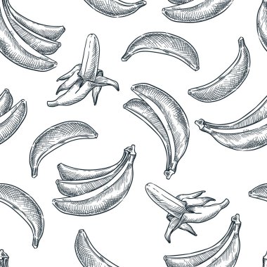 Muz pürüzsüz desen. Elle çizilmiş taslak vektör çizimi. Gıda ürünleri geçmişi. Kumaş tasarımı, ambalaj kağıdı, tekstil baskısı