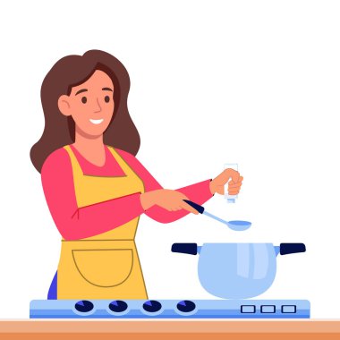 Mutfakta yemek pişiren kadın. Vektör düz çizgi film çizimi. Ocağın yanında esrar içen bir kadın. Gıda blogları, yemek tarifi kitapları, mutfak siteleri, yemek planlama uygulamaları veya ev yemeği promosyonları için tasarım unsurları