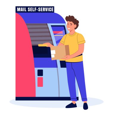 Nakliye dolabını kullanan bir adam. Vektör çizimi. Otomatik paketin yanında posta kutusu olan bir erkek. Teslimat hizmetleri, ekomünikasyon, lojistik, irtibatsız posta veya şehir hayatı kavramı