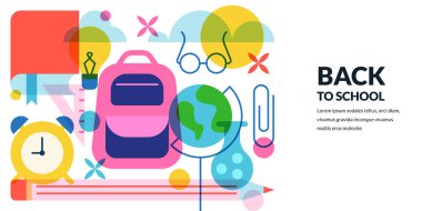 Okula çok renkli afiş ya da poster tasarımı. Sırt çantası, kitap, çalar saat, küre ve mataranın vektör geometrik çizimi. Öğrenme ve eğitim yaratıcı konsept