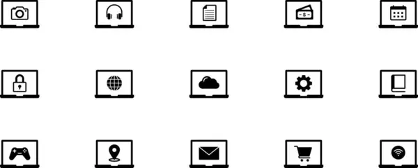 UI UX için vektör çizgisi simgeleri, farklı fonksiyon sembollü dizüstü bilgisayarlar. Çarklar, Ayarlar, Bulut, İnternet vs. İnce çizgi biçimli simgeler ekran ile dişli, dünya ekran ile bulut. 
