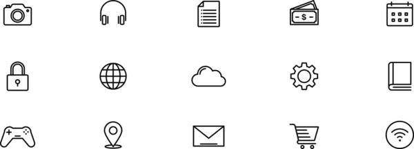 UI UX için vektör çizgisi simgeleri, farklı fonksiyon sembollü dizüstü bilgisayarlar. Çarklar, Ayarlar, Bulut, İnternet vs. İnce çizgi biçimli simgeler ekran ile dişli, dünya ekran ile bulut. 