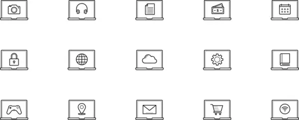 UI UX için vektör çizgisi simgeleri, farklı fonksiyon sembollü dizüstü bilgisayarlar. Çarklar, Ayarlar, Bulut, İnternet vs. İnce çizgi biçimli simgeler ekran ile dişli, dünya ekran ile bulut. 