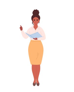 Dosya klasörü ya da kitabı olan genç bir kadın. İş kadını. Öğretmen, girişimci, ofis çalışanı. Modaya uygun bir görünüş. Vektör illüstrasyonu