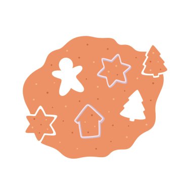 Noel kurabiyeleri. Ev yapımı kurabiye yapma süreci. Zencefilli ekmek kesme şekilleri. Mutlu Noeller ve mutlu tatiller. Vektör illüstrasyonu