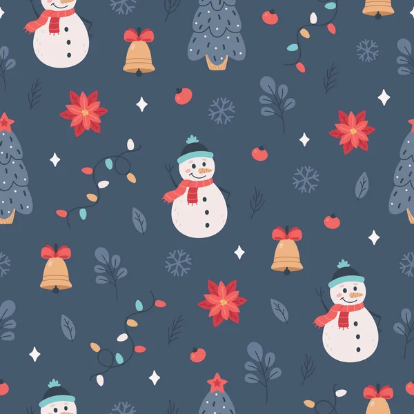 Patrón Sin Costuras Navidad Con Muñeco Nieve Árbol Navidad Guirnalda — Vector de stock