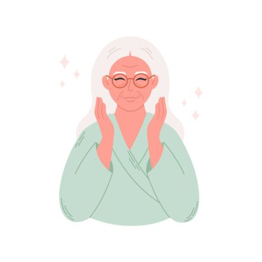 Cilt bakımı ve yaşlanma karşıtı prosedürlerden sonra yaşlı bir kadın. Kırışıklıklar, göz torbaları, gençleşme tedavisi. Evdeki spa prosedürleri. Vektör illüstrasyonu