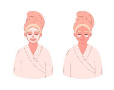 Göz altı ve organik yüz maskesi altındaki cilde kolajen yaması uygulayan bir kadın. Cilt bakımı, kırışıklıklar için tedavi, göz torbaları. Vektör illüstrasyonu