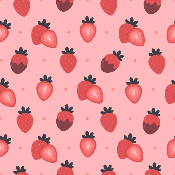 Erdbeere Nahtlose Muster Erdbeere Schokolade Flache Handgezeichnete Textur Für Tapeten — Stockvektor